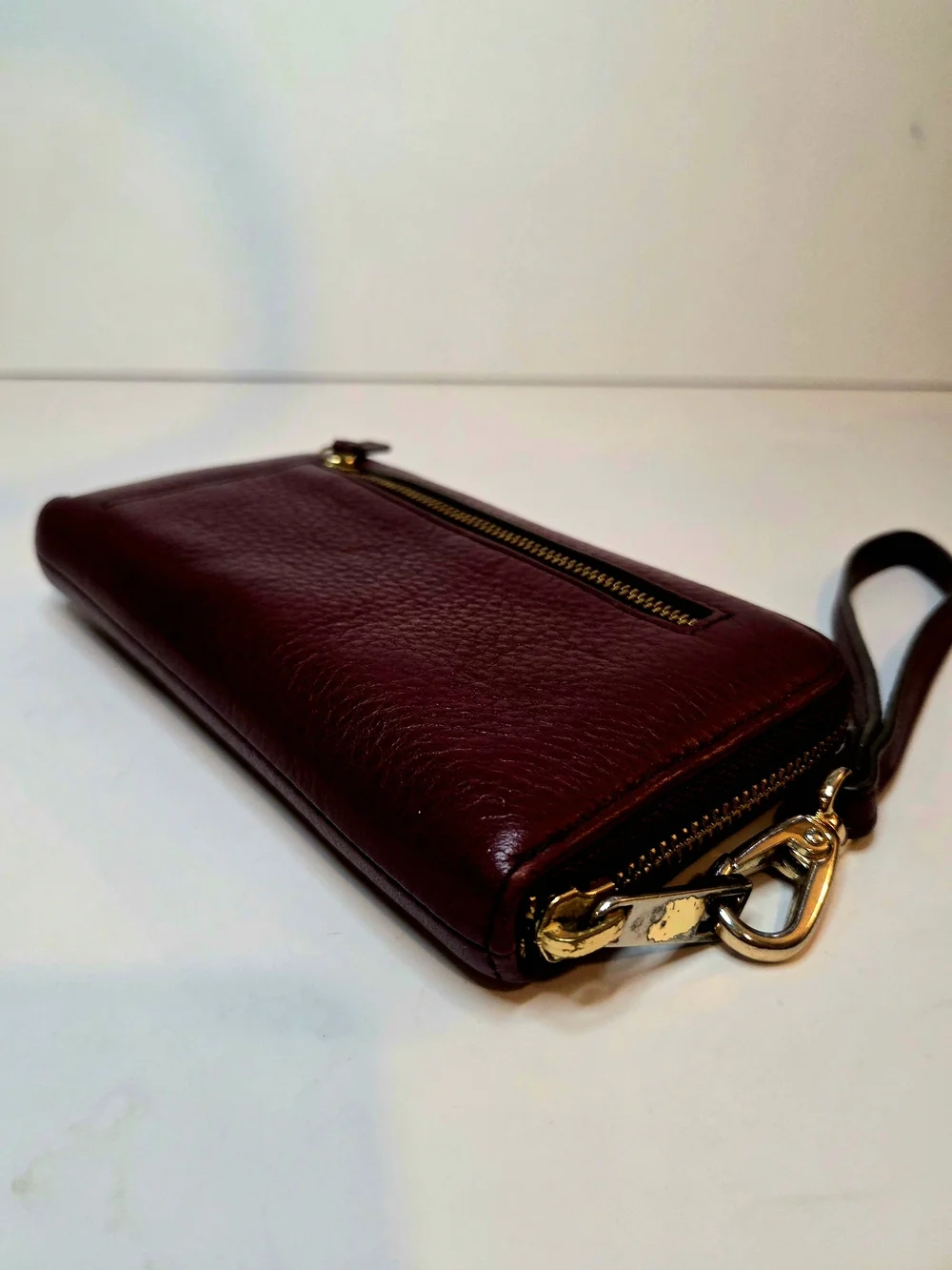 Fossil Wristlet Wallet Genuine Leather Pebbled Burgundy